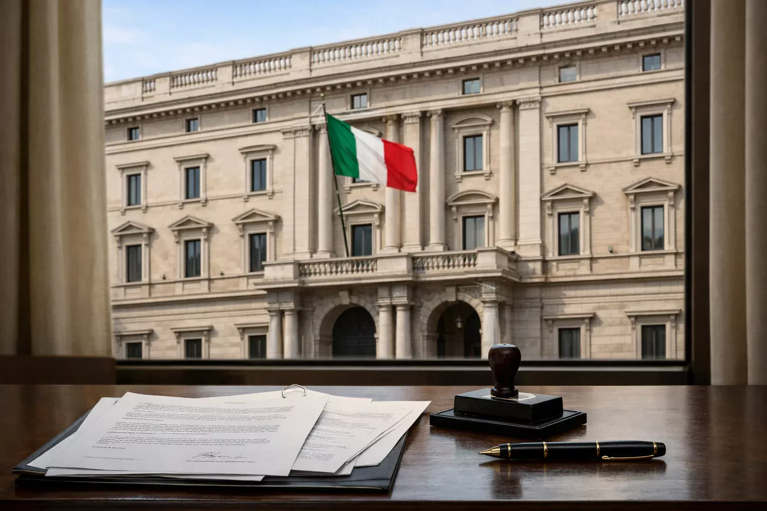 Edificio istituzionale italiano con documenti ufficiali