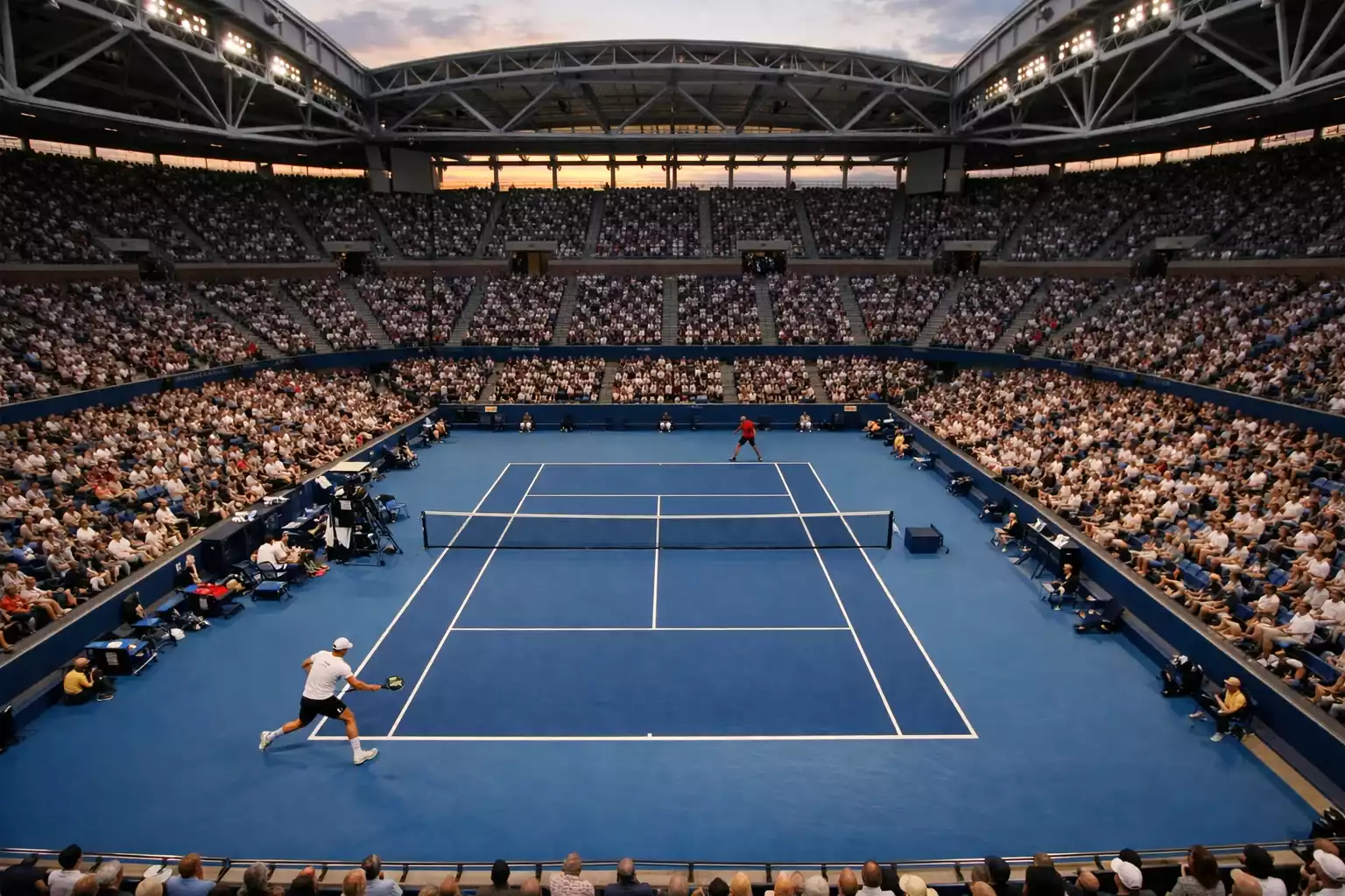 Vista aerea di un campo da tennis durante un torneo con pubblico sugli spalti