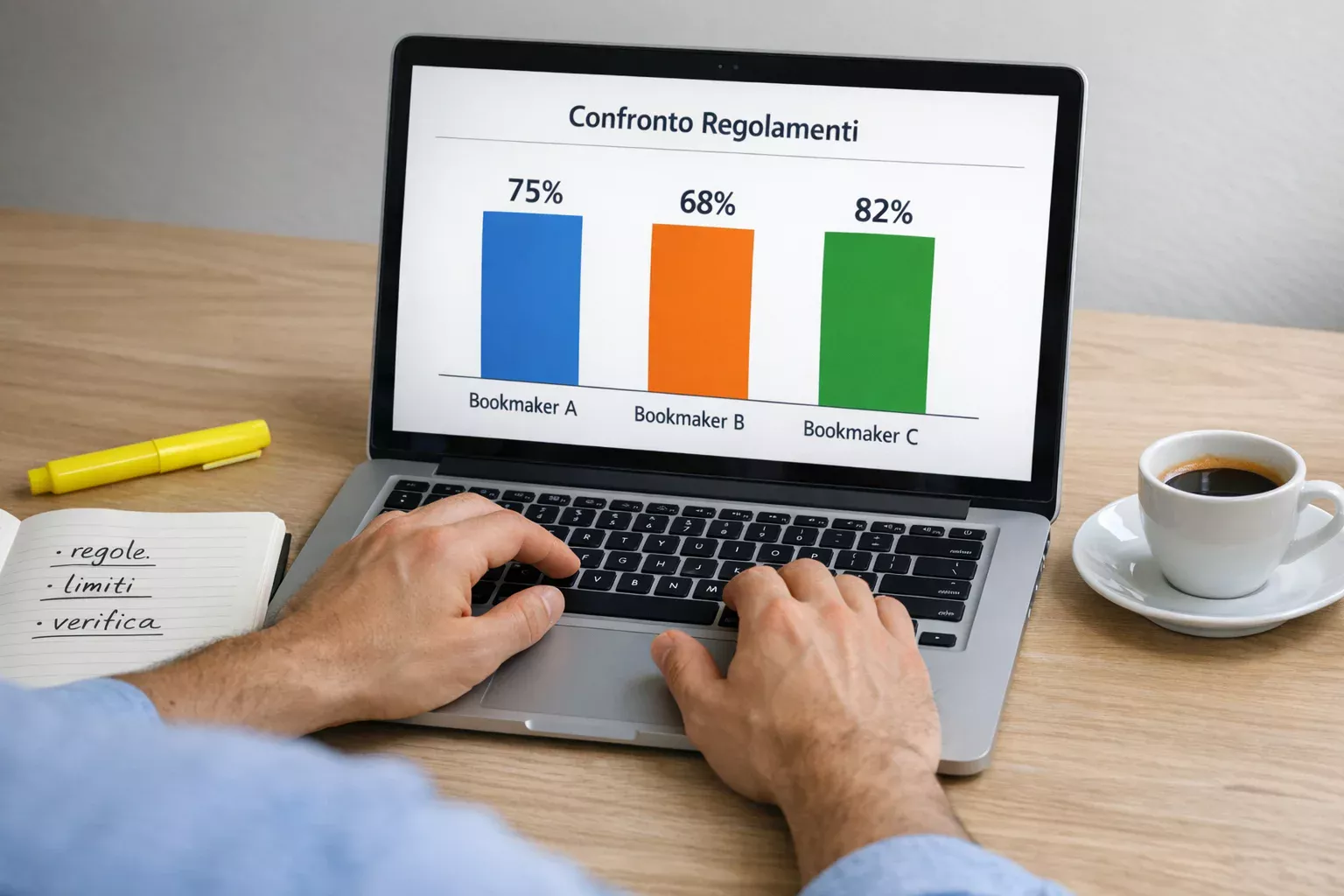 Persona che confronta diverse opzioni su schermo laptop con appunti e evidenziatore