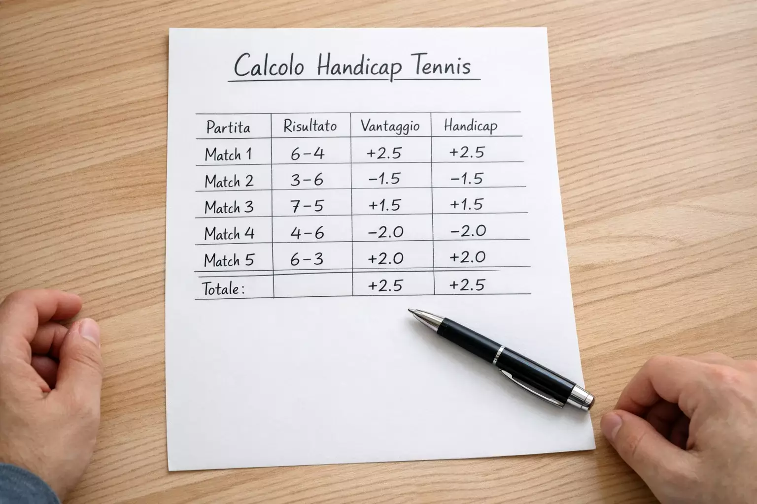 Foglio con tabella e calcoli per analisi sportiva