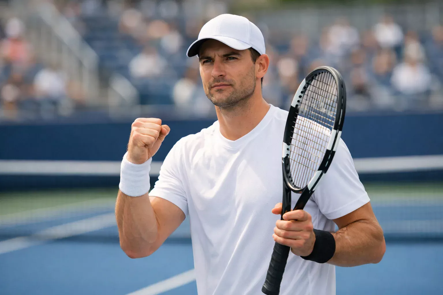 Tennista che festeggia dopo aver vinto un set