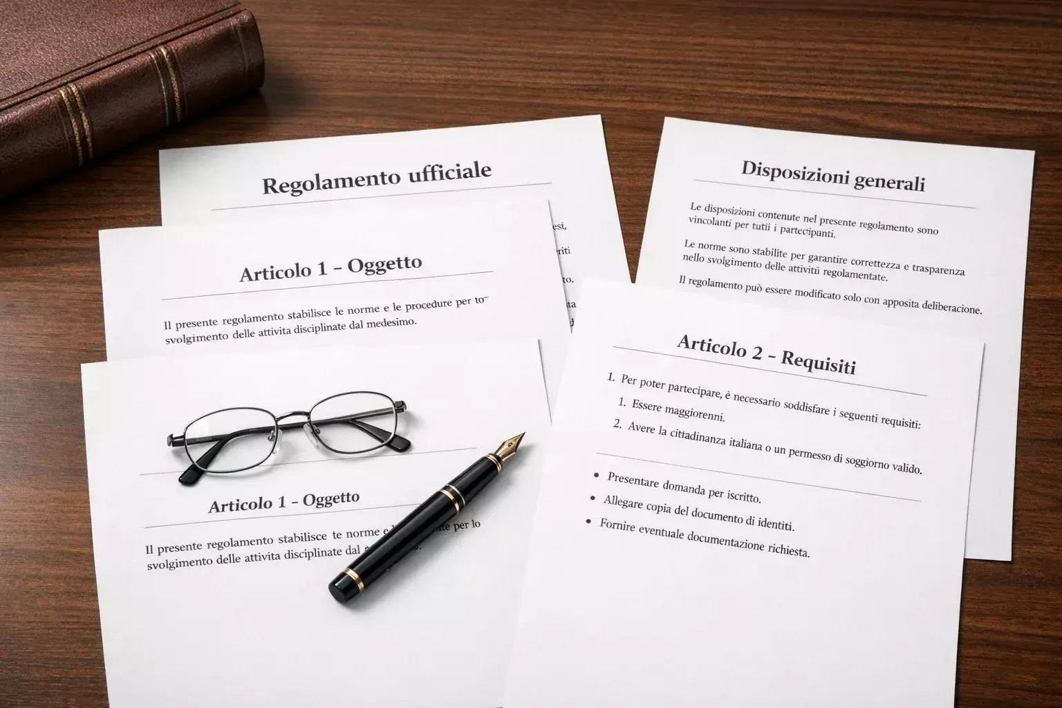 Scrivania con documenti ufficiali, penna e occhiali da lettura per analisi normativa