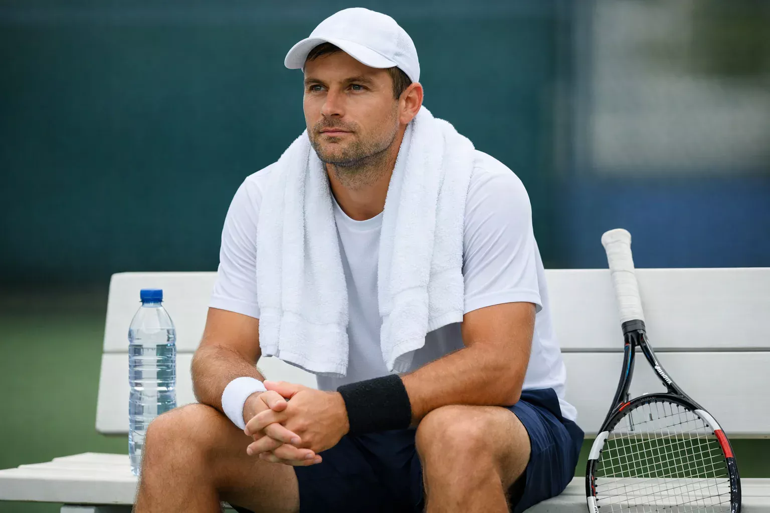 Tennista seduto in panchina durante pausa medica