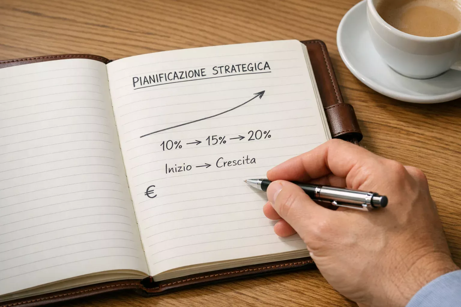 Mano che scrive su un blocco note con grafici lineari semplici e simbolo euro