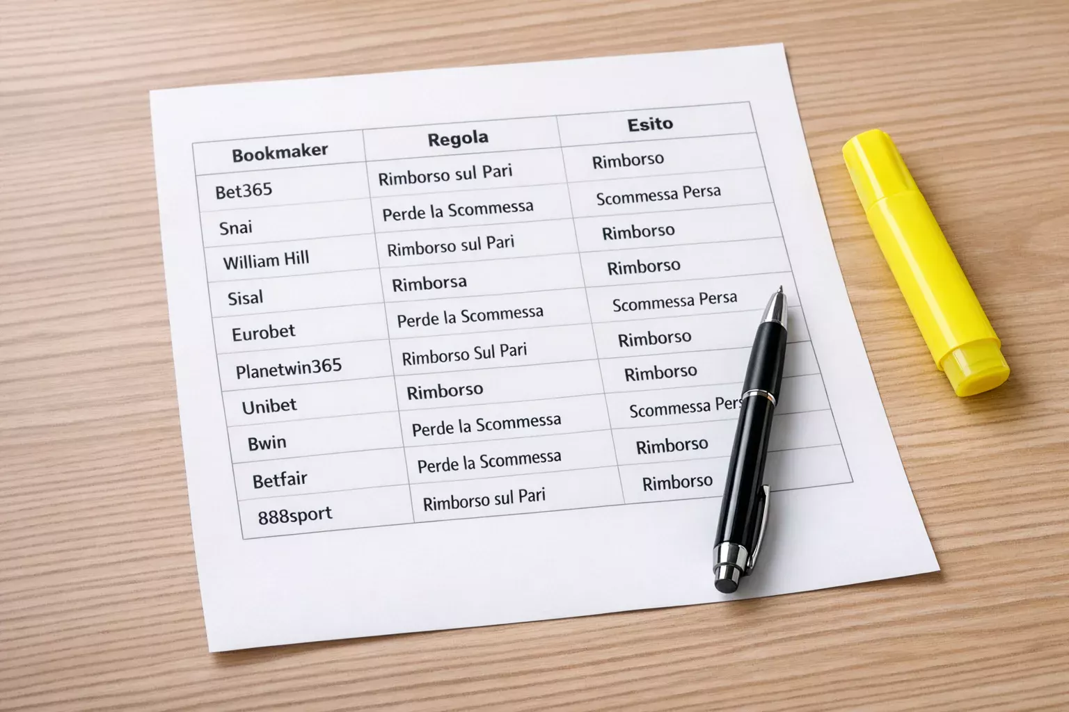 Foglio con tabella comparativa e penna