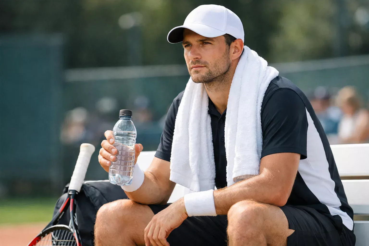 Tennista durante il cambio campo seduto in panchina